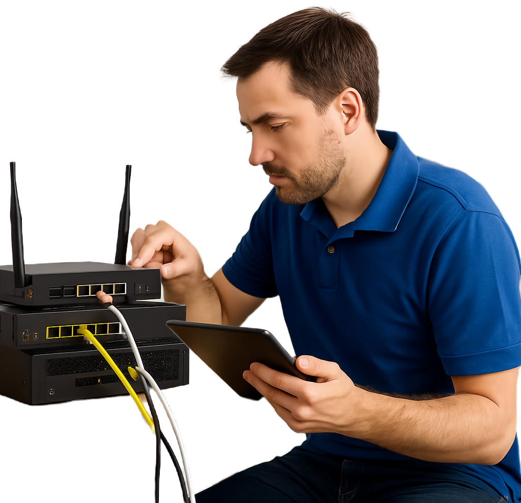 Technician setting up secure network system