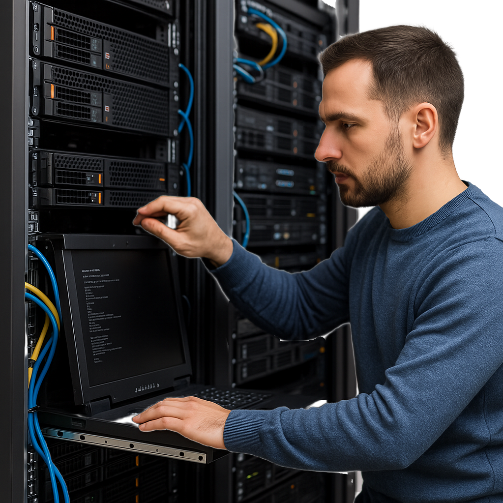 server Support -Technician working on rack server infrastructure