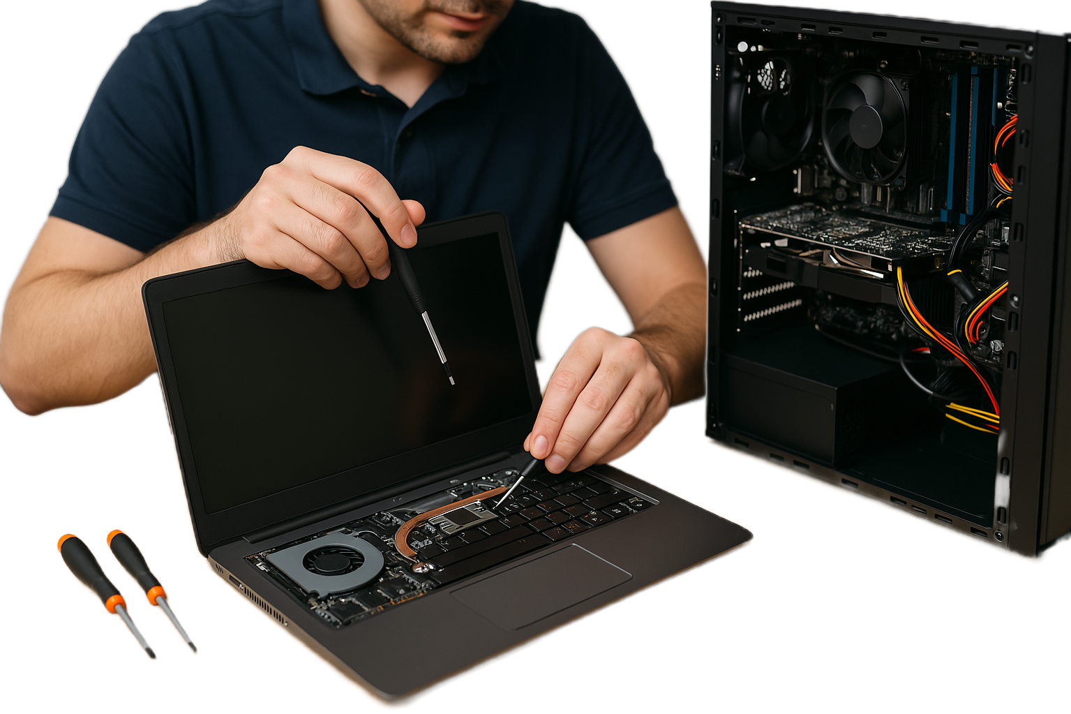 Technician repairing laptop and desktop devices, computer repair